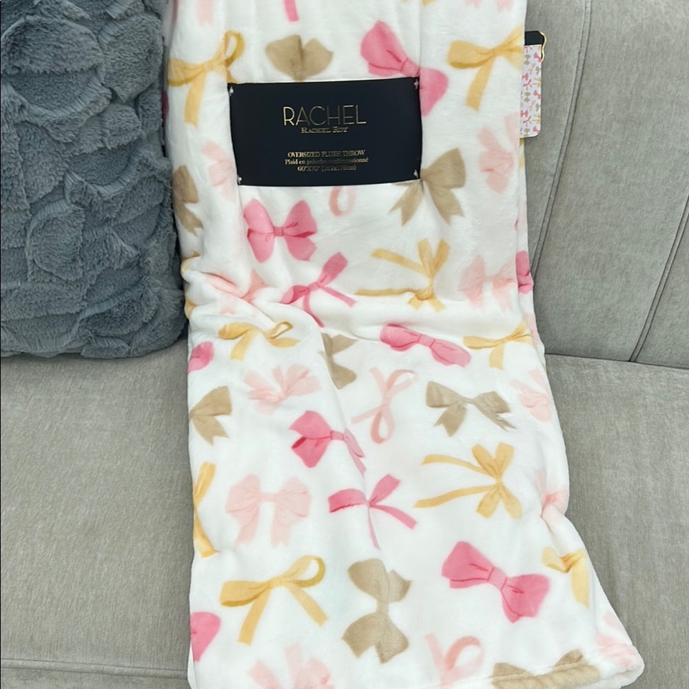 Rachel Roy  - White with Pink and Tan Bow Blanket